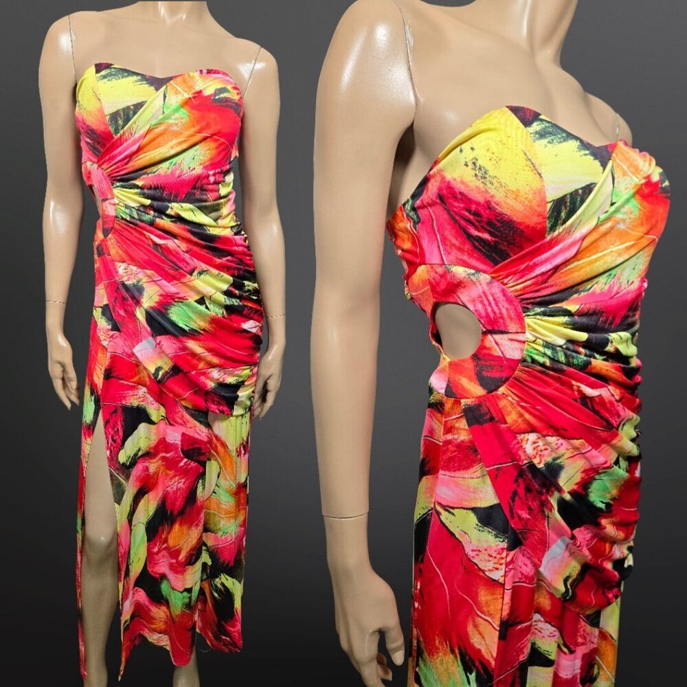 Y2K QED London Maxi Dress Size S McBling Strapless Draped Cutout Colorful